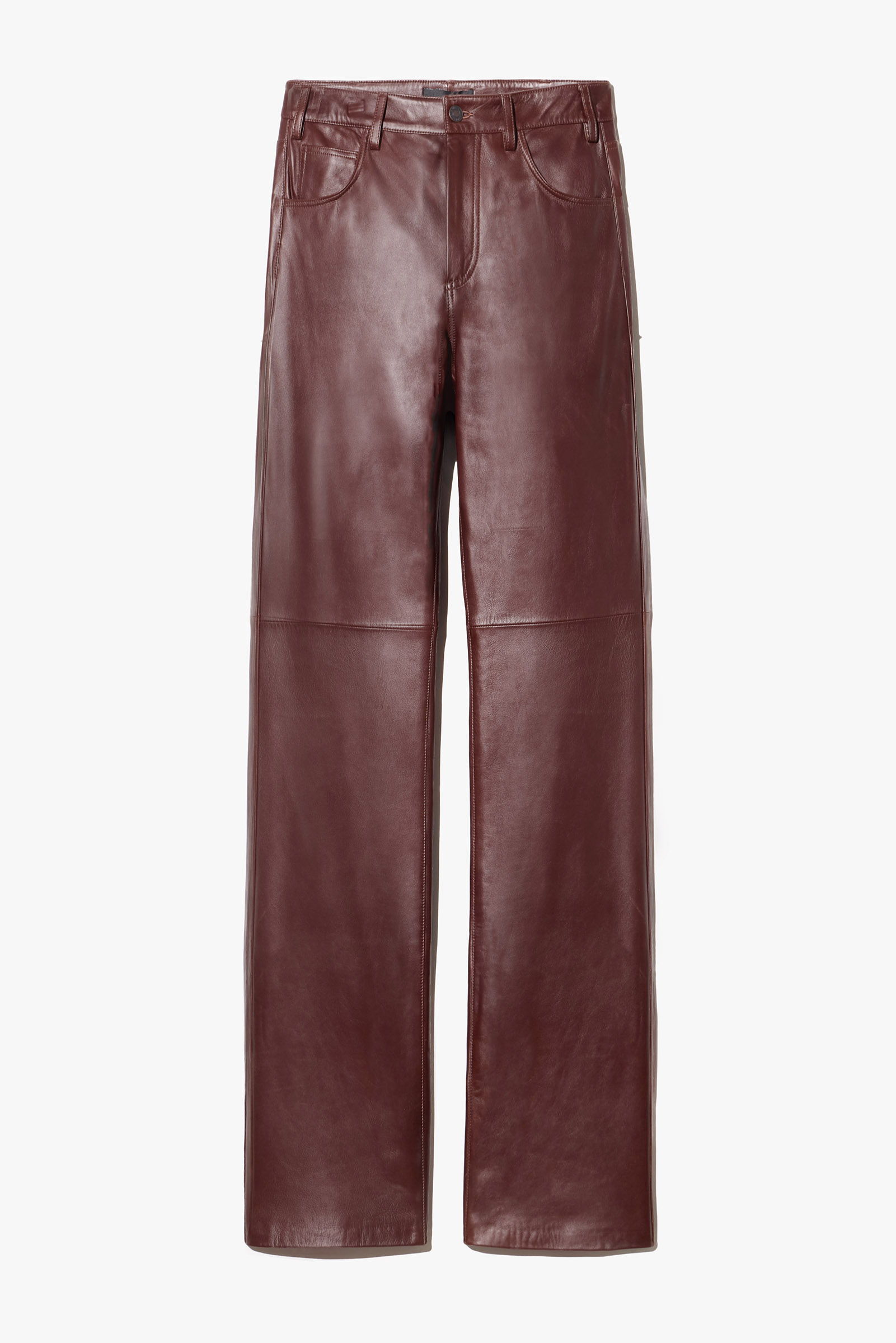 Brown leather wide-leg pants on a white background.