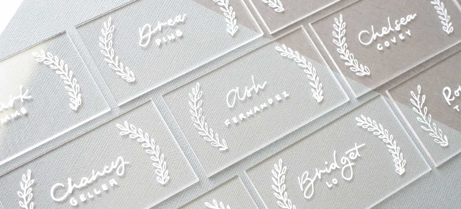 Acrylic rectangle place card with calligraphy and wreath