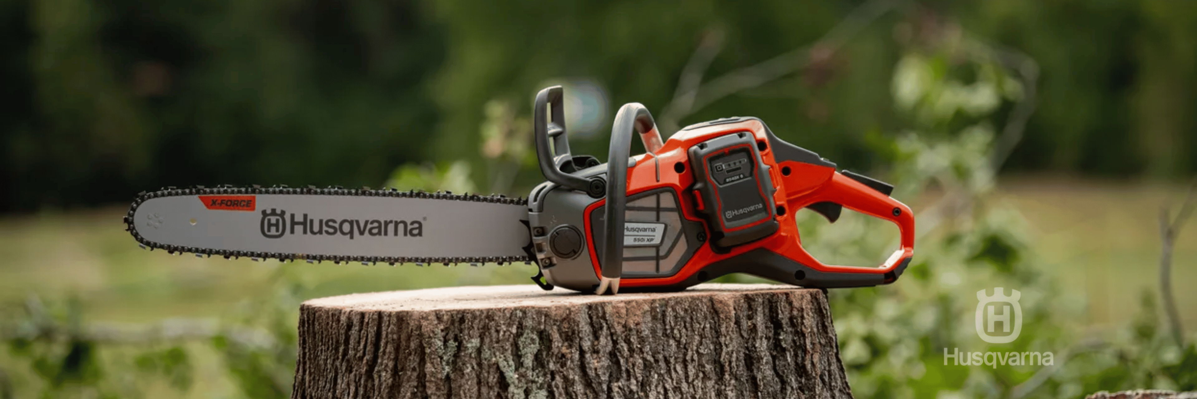 Chainsaw resting on a wooden stump in a forested area.