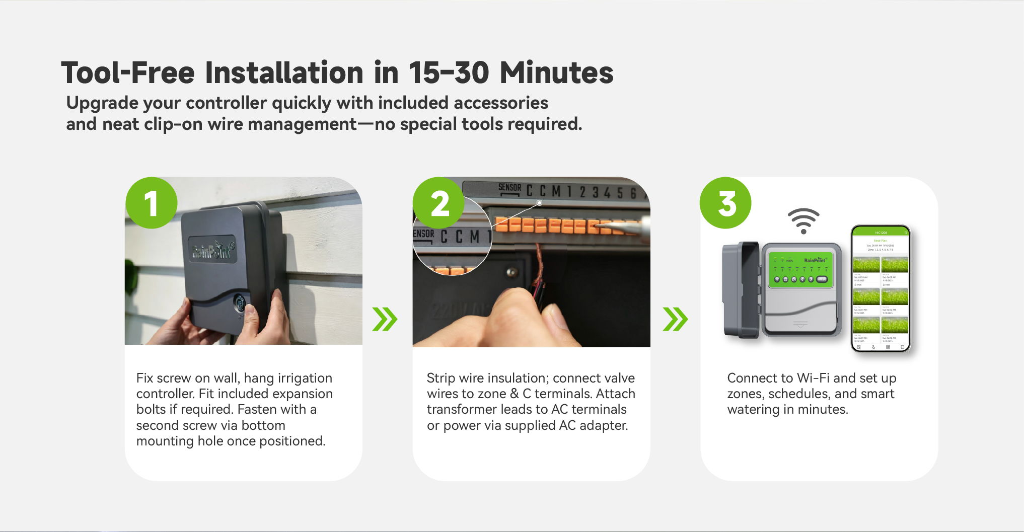 Tool-free installation guide with three steps for quick setup.