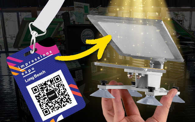 Pigskins and Pigtails Screen Printer Starter Press Mini Edition held in a hand, with an Impressions Expo Long Beach badge and QR code beside it and a yellow arrow pointing to the press on the right.