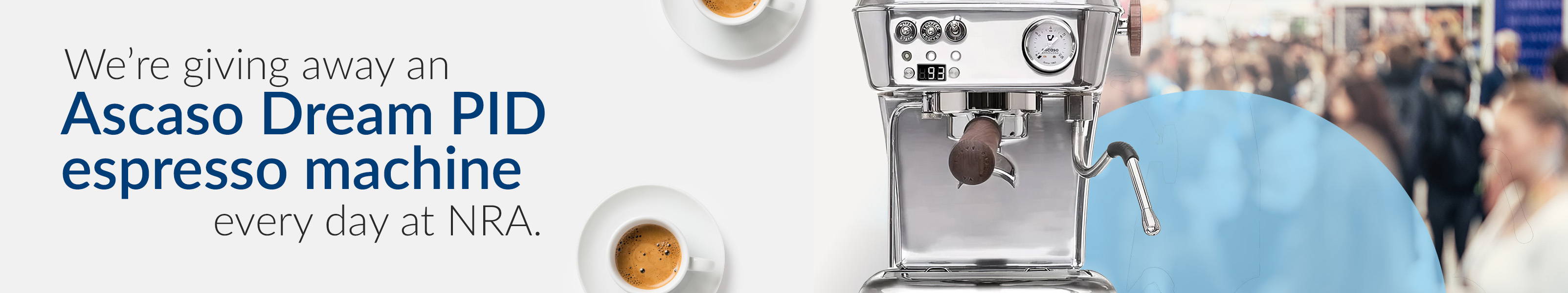 Ascaso Dream PID espresso machine promotion with coffee cups and a blue background.