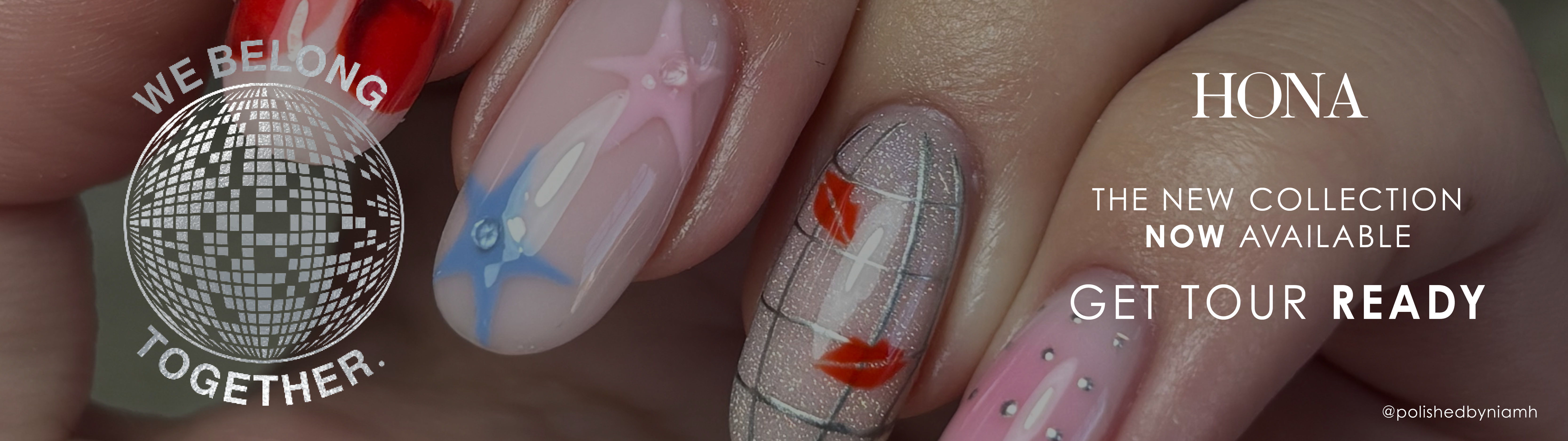 Nail art featuring colorful designs and a promotional message for a collection.