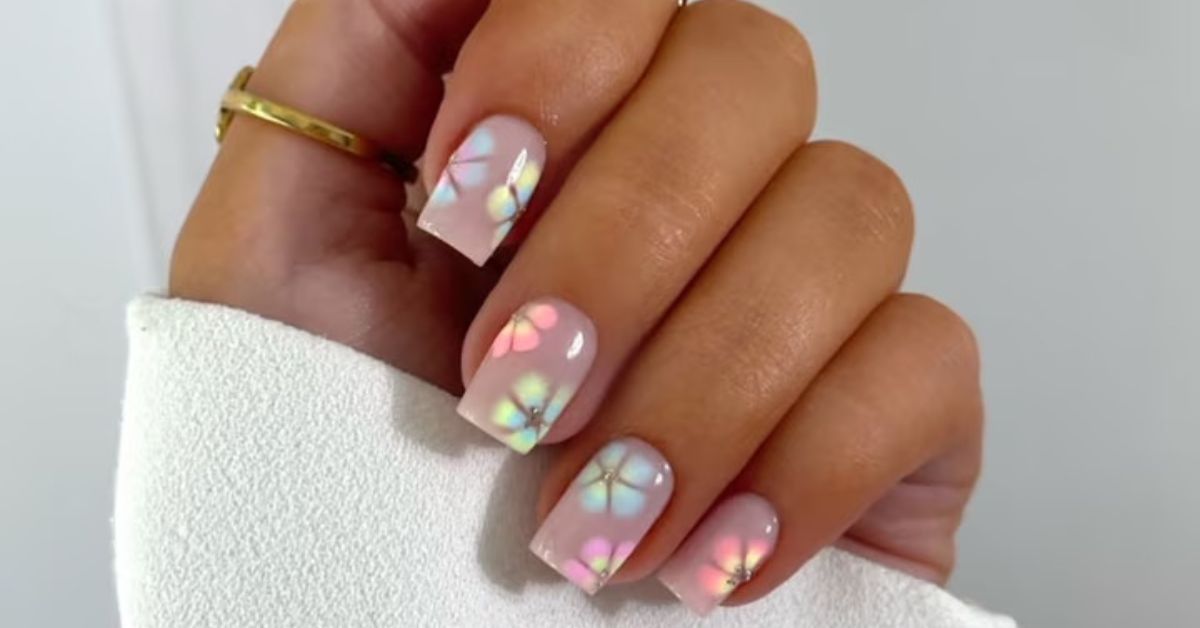 Spring nail design, featuring colourful florals. 