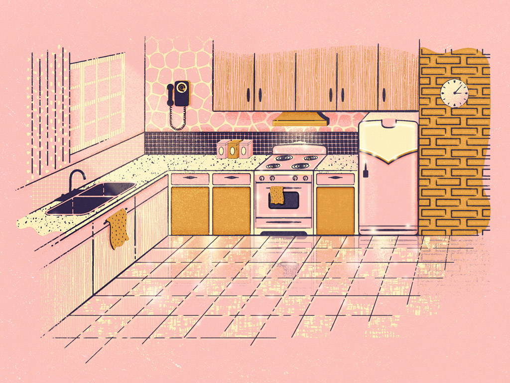 Mid-century inspired kitchen illustration created in Adobe Illustrator and Adobe Photoshop
