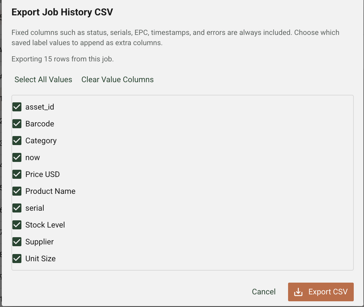 Export Job History CSV options with various selectable columns.