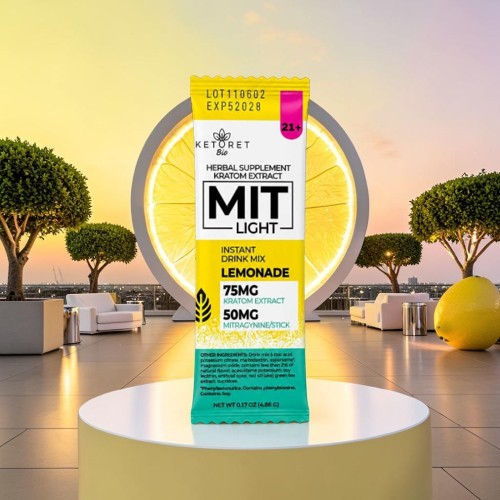 MIT Light Lemonade product displayed outdoors with decorative plants and a circular backdrop.