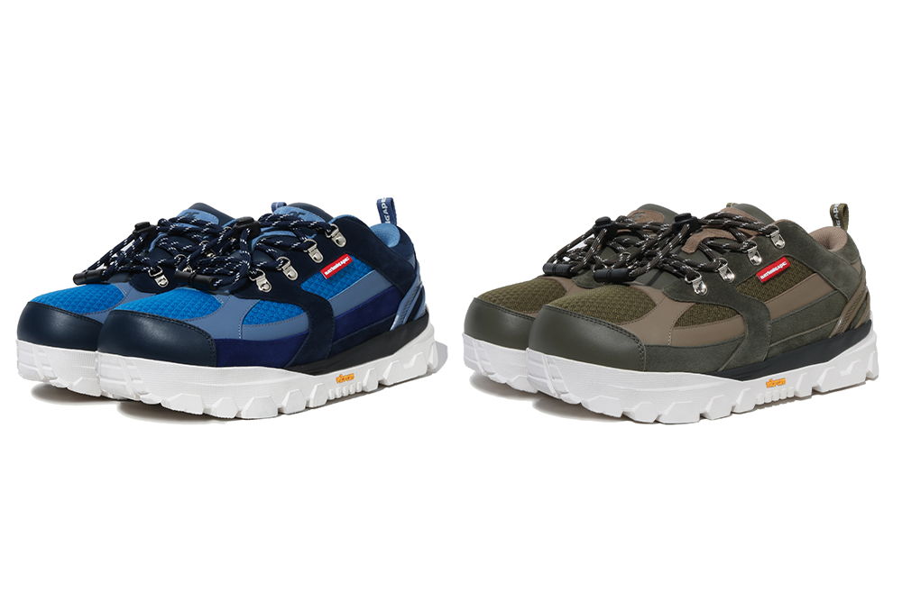 Two pairs of athletic shoes in blue and green colors.