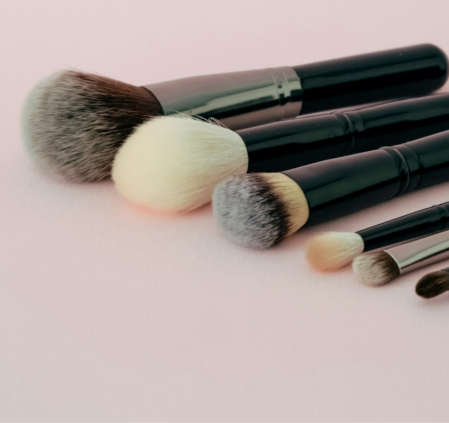 A selection of makeup brushes, arranged left to right from largest to smallest