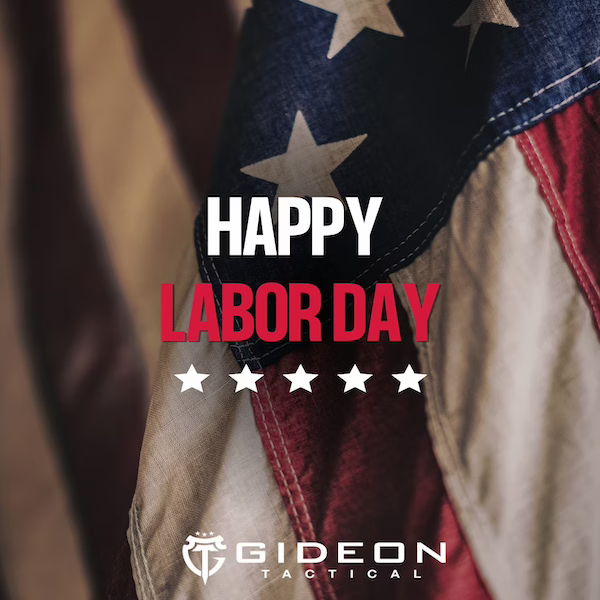 Happy Labor Day text over an American flag background.