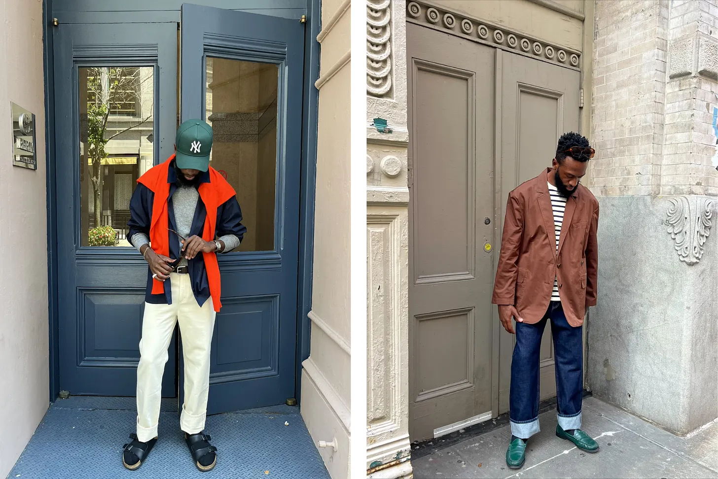 Two men in stylish outfits, posing outside buildings.