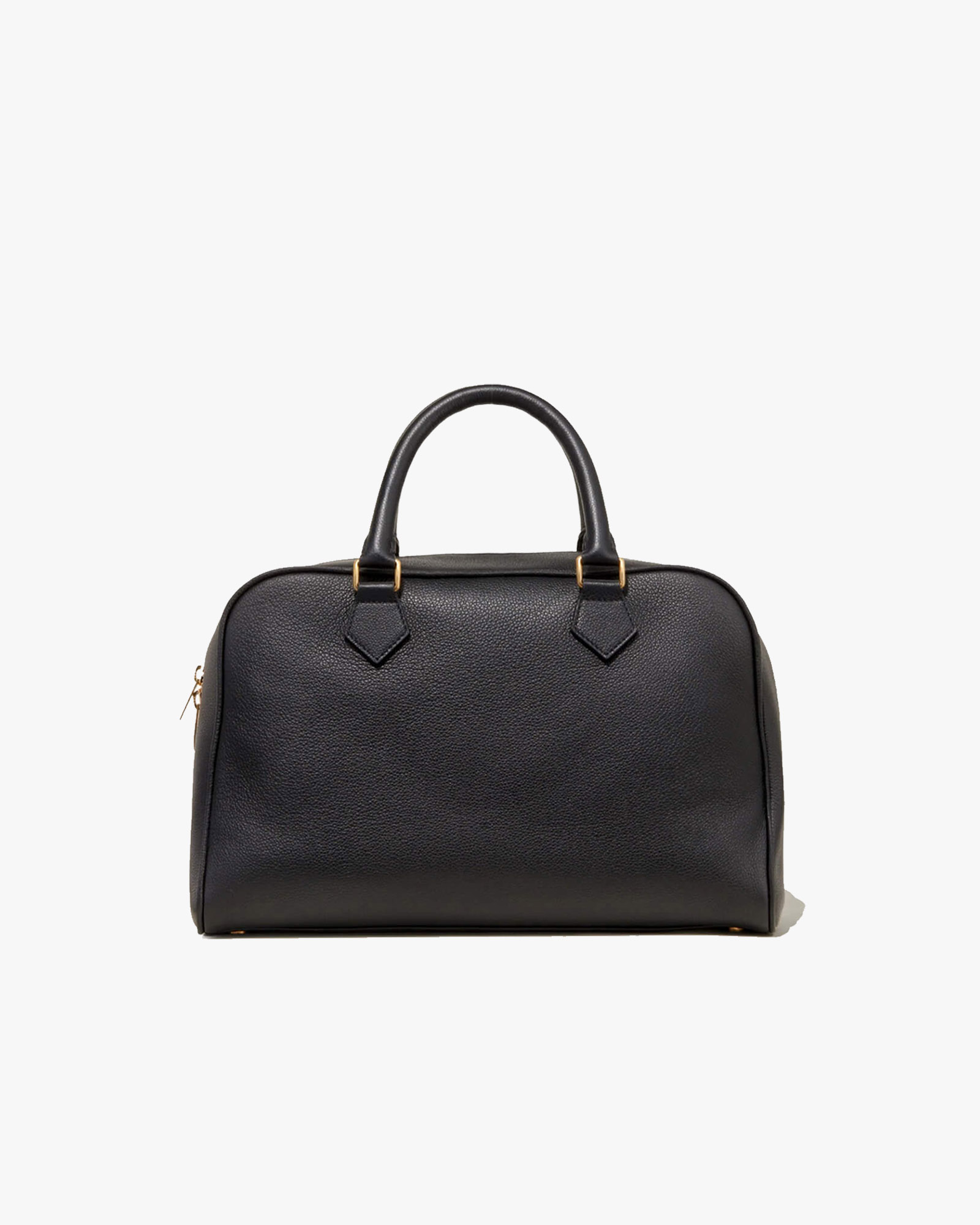 Black leather handbag with dual handles and gold accents.