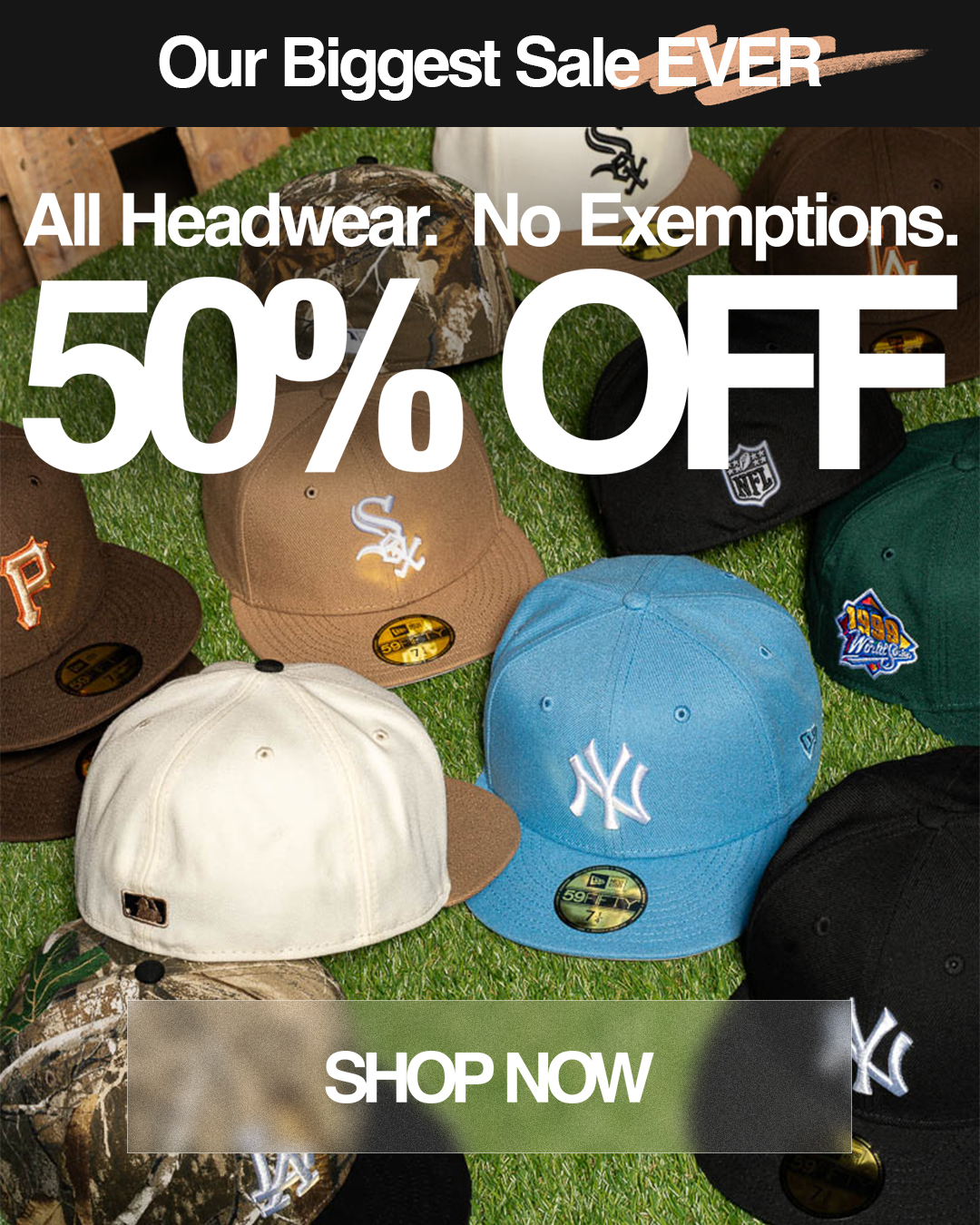 Promotional image for headwear sale, featuring various hats and discount text.