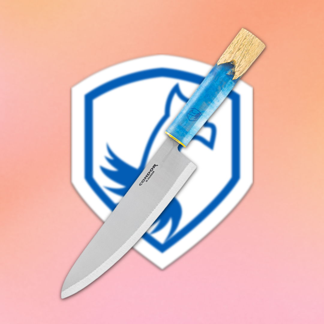 Knife with blue handle on a shield background.