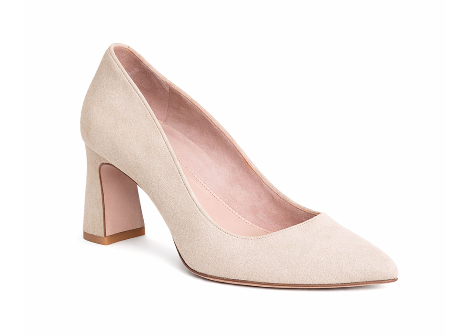 Beige high-heeled shoe with a pointed toe and block heel.