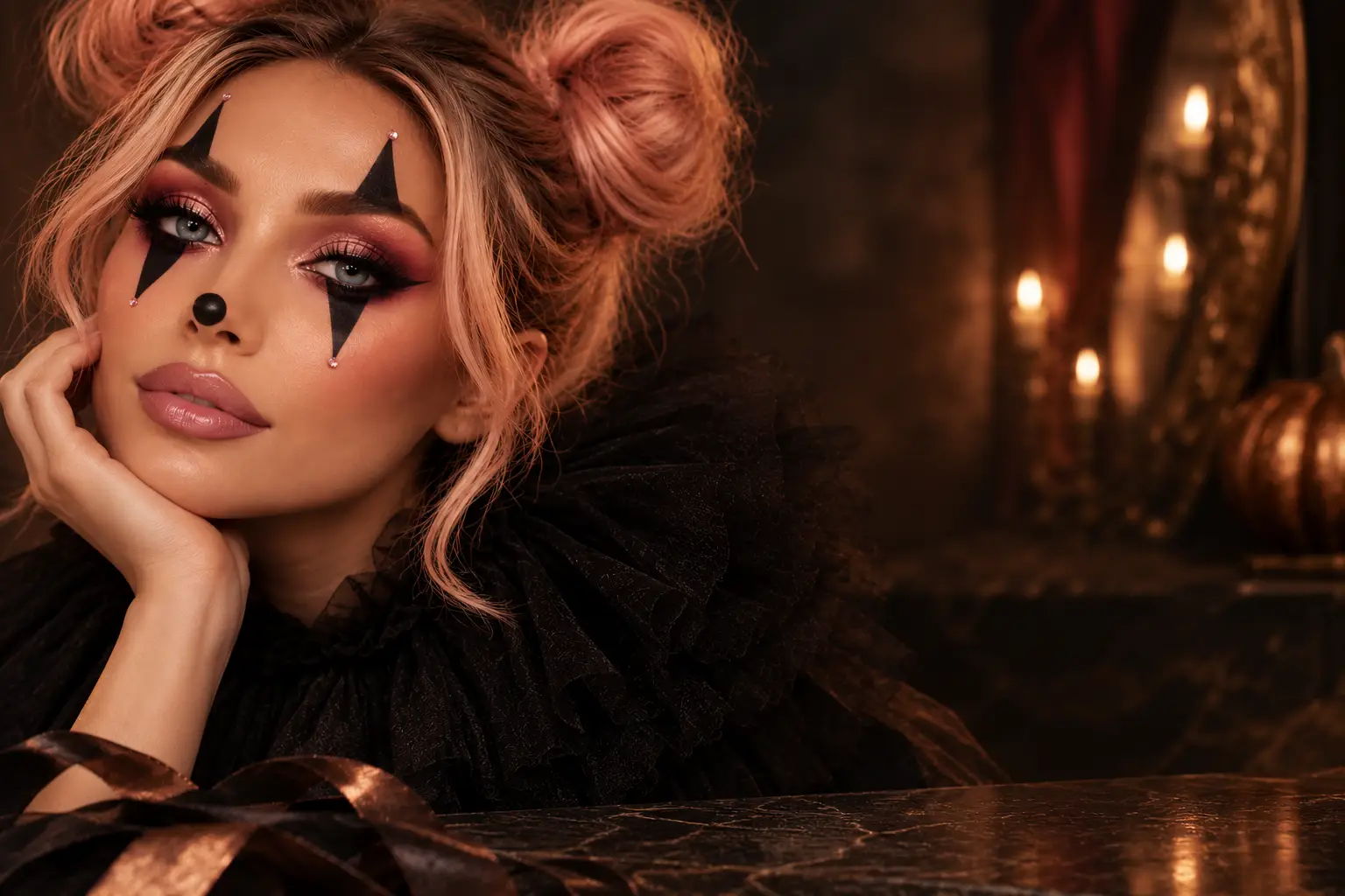 Person with playful makeup and hairstyle, posing in a Halloween-themed setting.