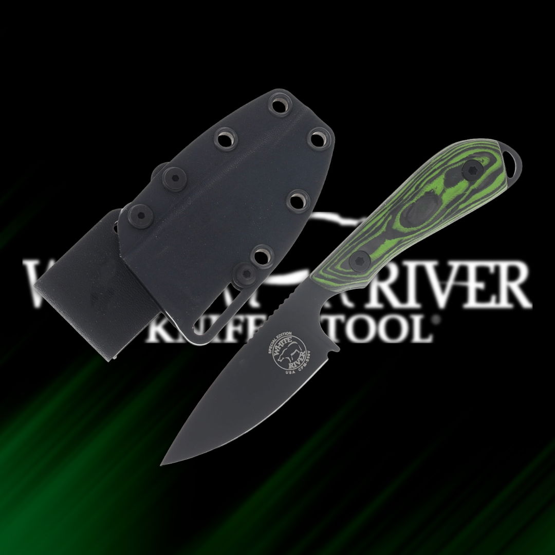 Black knife sheath beside a green-handled knife on a dark background.