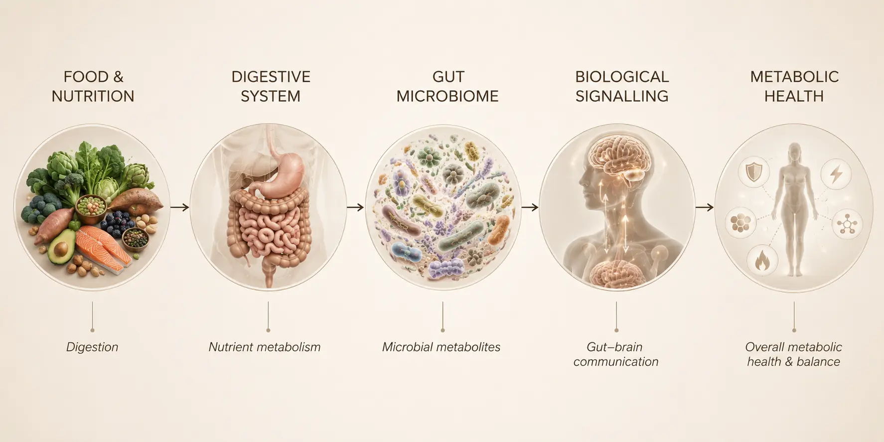 Diagram illustrating food, digestion, gut microbiome, biological health, and metabolic health.