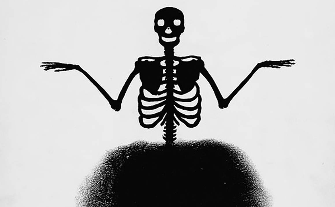 A black and white illustration of a skeleton.