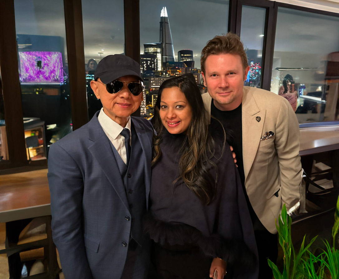 Professor Jimmy Choo with Mayfairsilk founders Marcus and Darshana Ubl