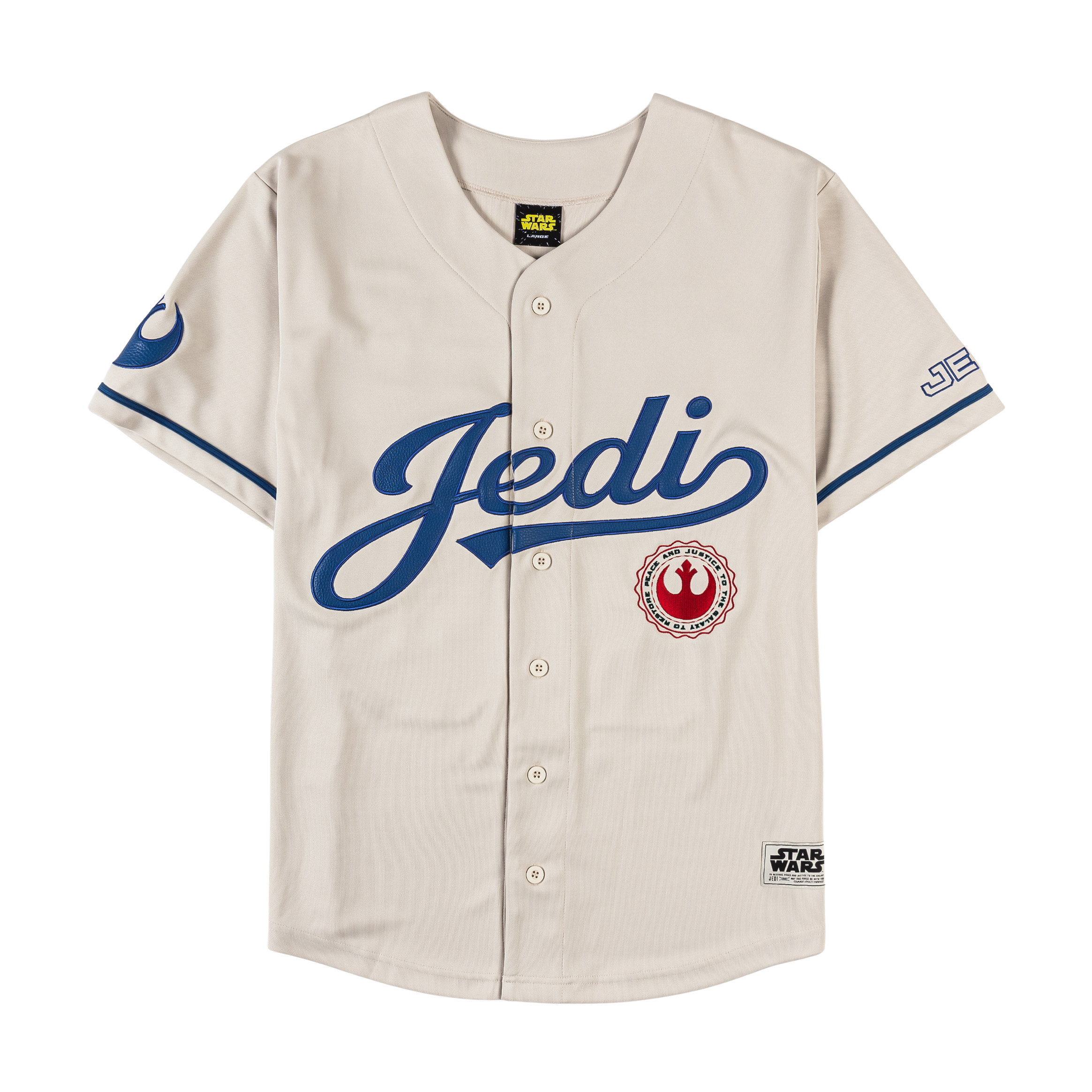 Jedi-themed baseball jersey with blue text and Rebel Alliance logo.
