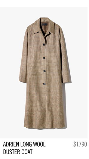 Brown long wool duster coat with buttons, labeled 