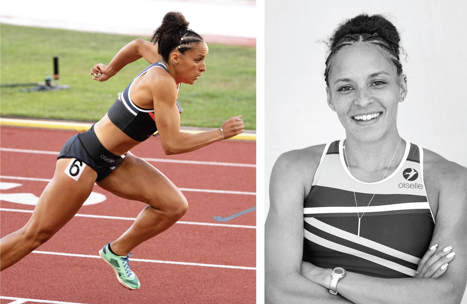 Left: Brenna Detra racing the 800meter. Right: Portrait of Brenna in her Oiselle uniform