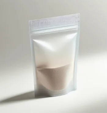 A clear stand up pouch containing a product.