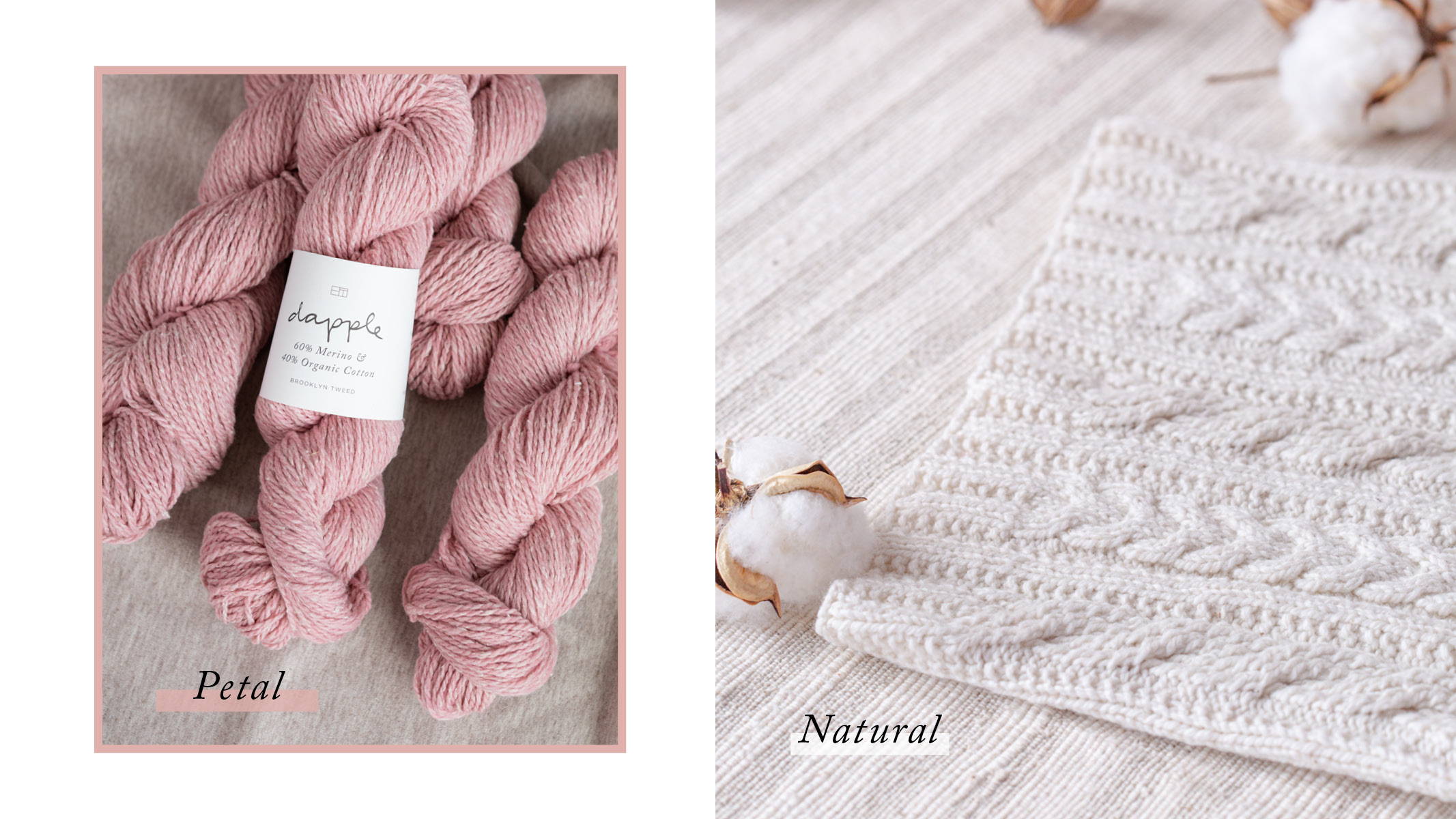 Right: A handknit cabled cowl in Dapple color Natural with cotton flowers. Left: A pile of 5 skeins of Dapple in color Petal, one with ball band (label).