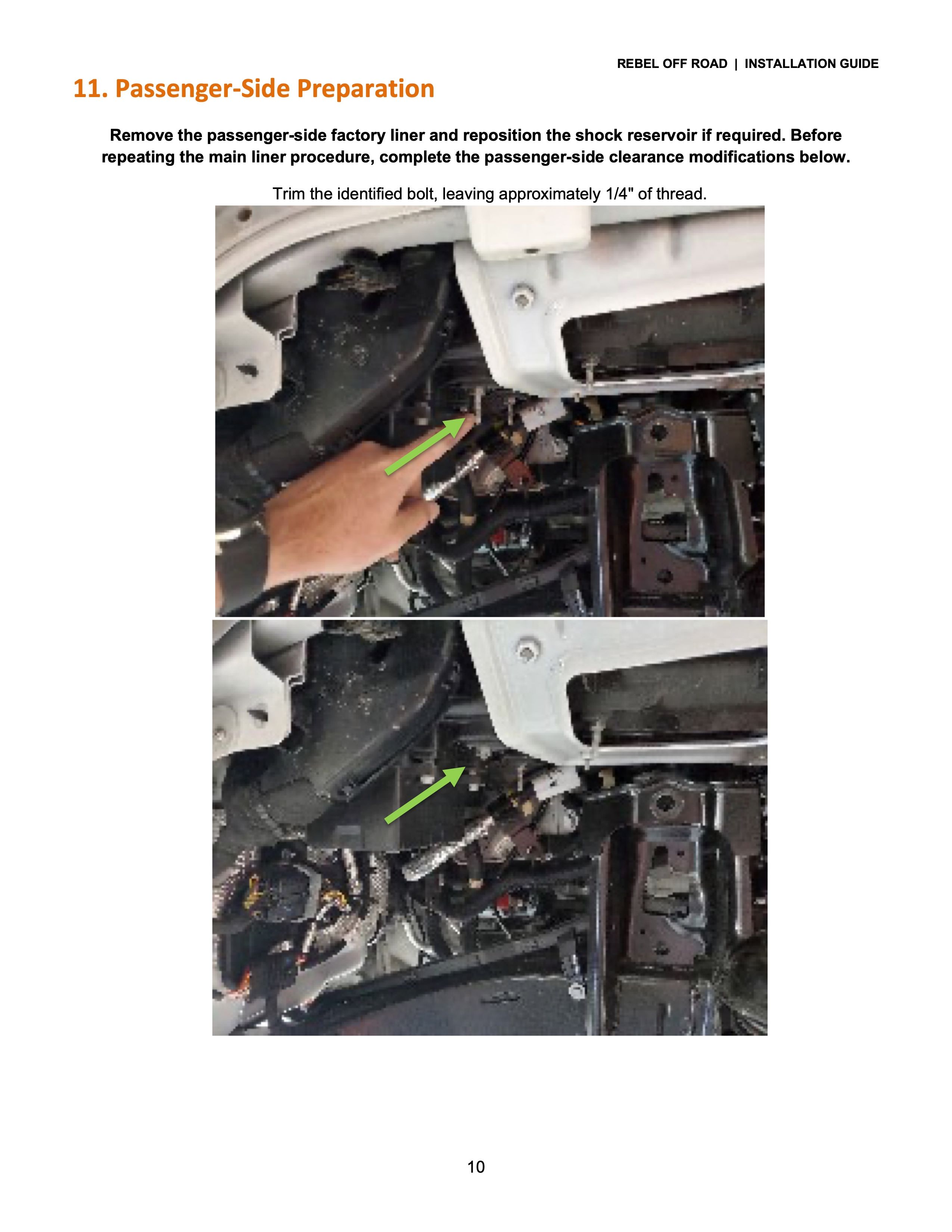 Passenger side preparation for shock removal, showing two steps with highlighted areas.