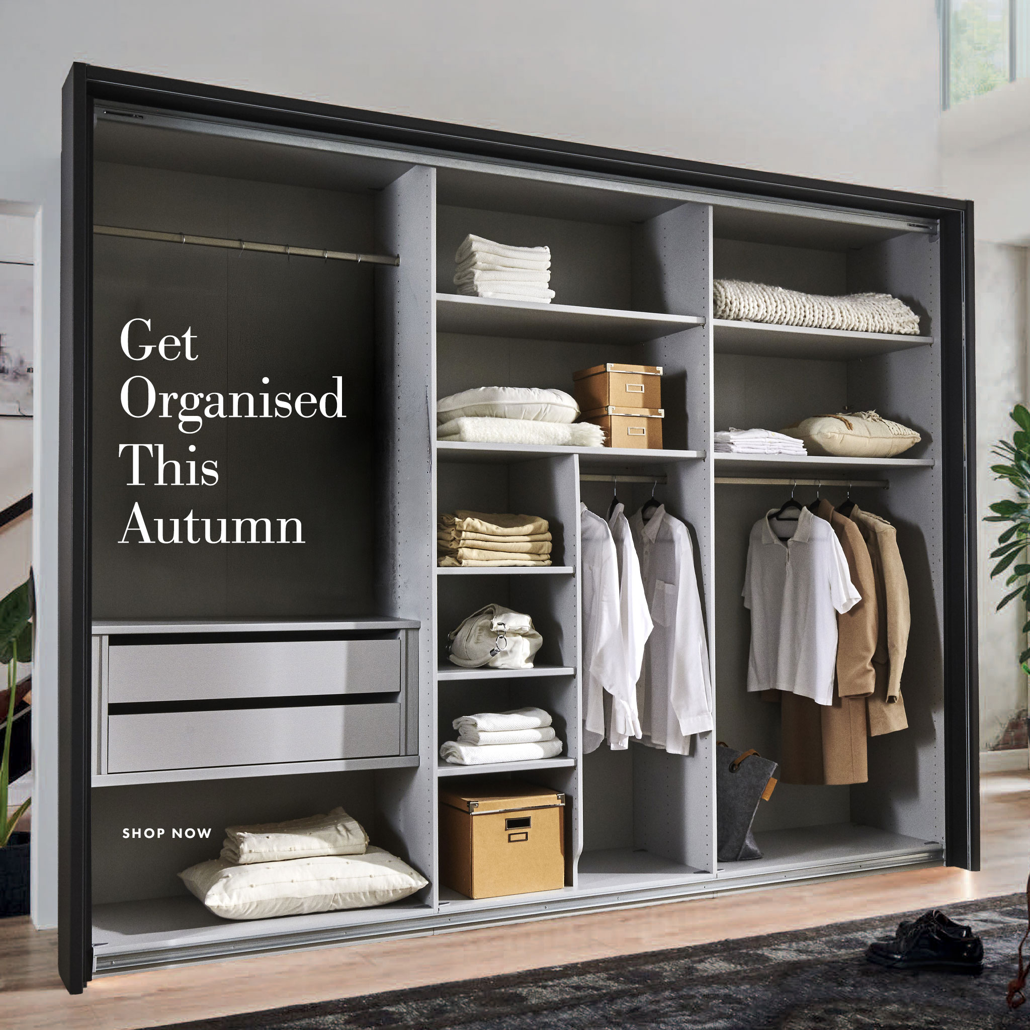 Modern wardrobe design featuring wooden slats and dark panels, text included.