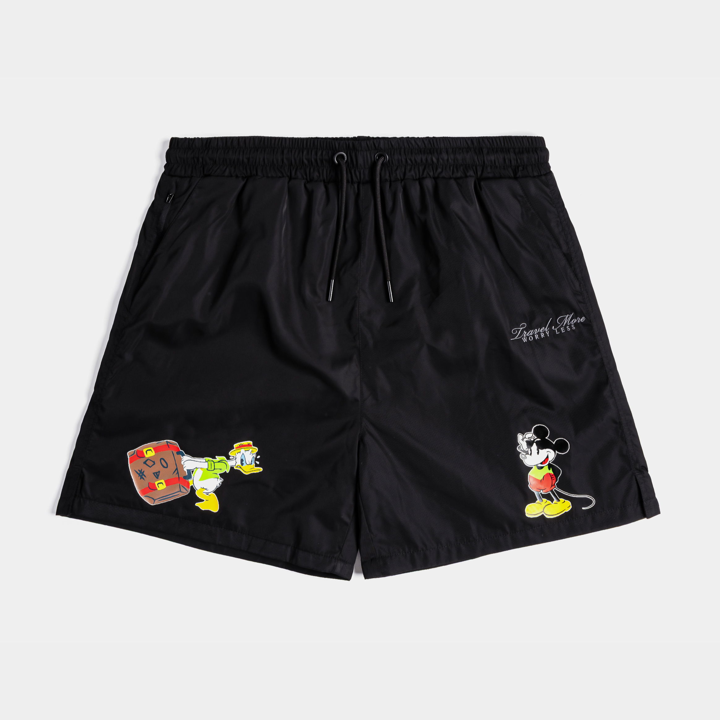 Black shorts featuring Donald Duck and Mickey Mouse designs.