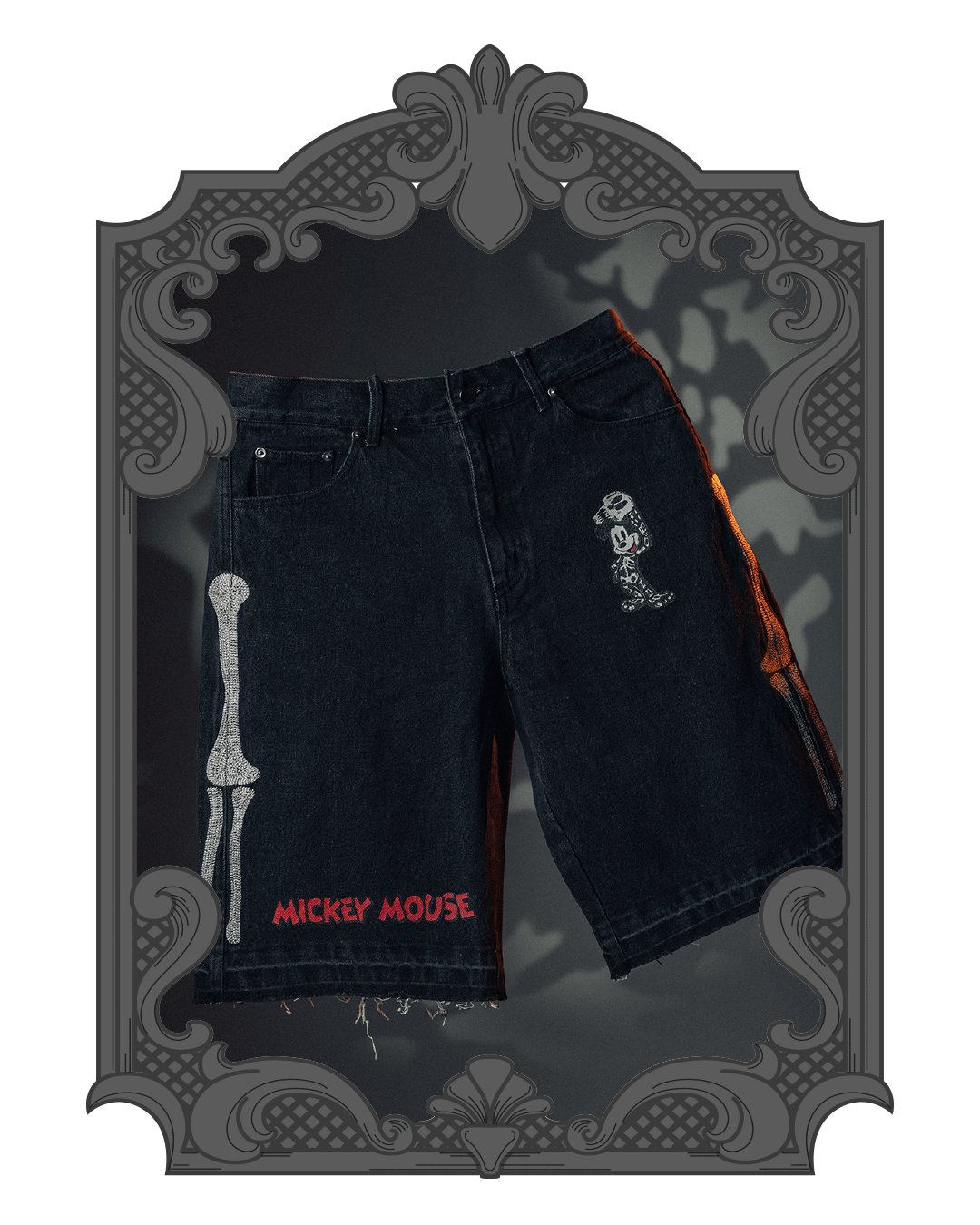 Black shorts with skeleton design and 