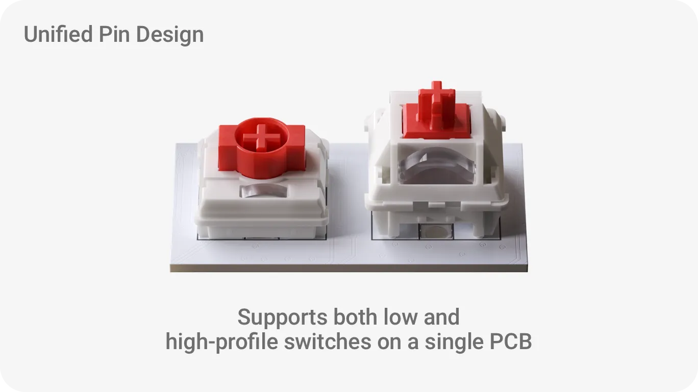Two keyboard switches demonstrating unified pin design for low and high-profile options.