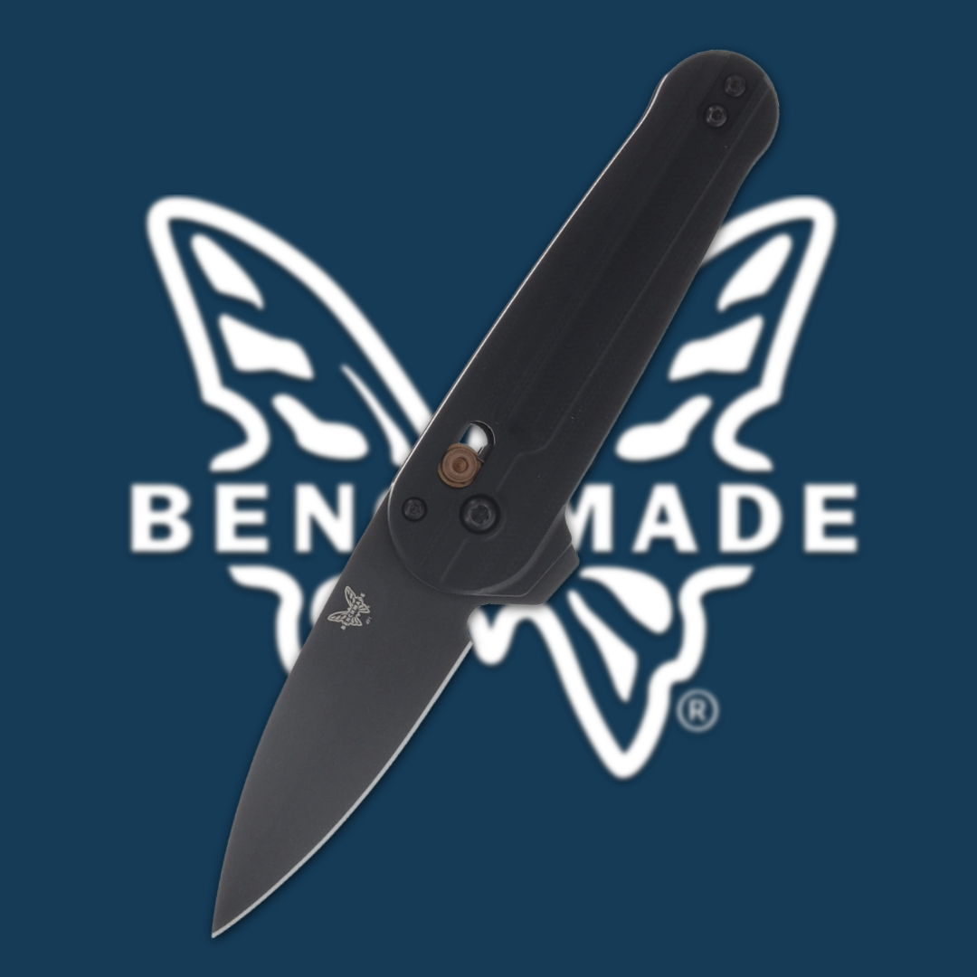 Black folding knife with Benchmade logo in the background.