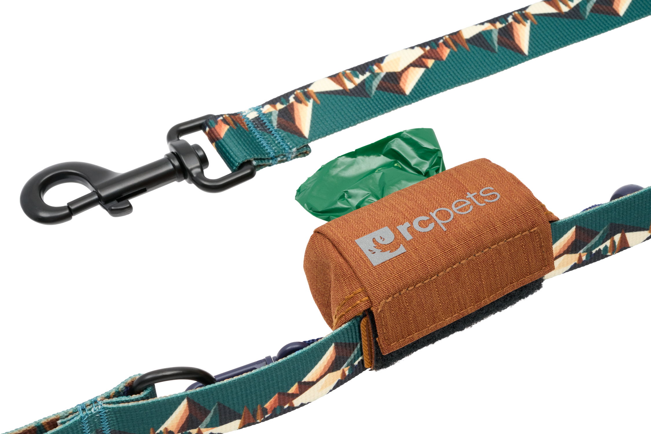 Dog leash with waste bag dispenser, featuring a colorful design.