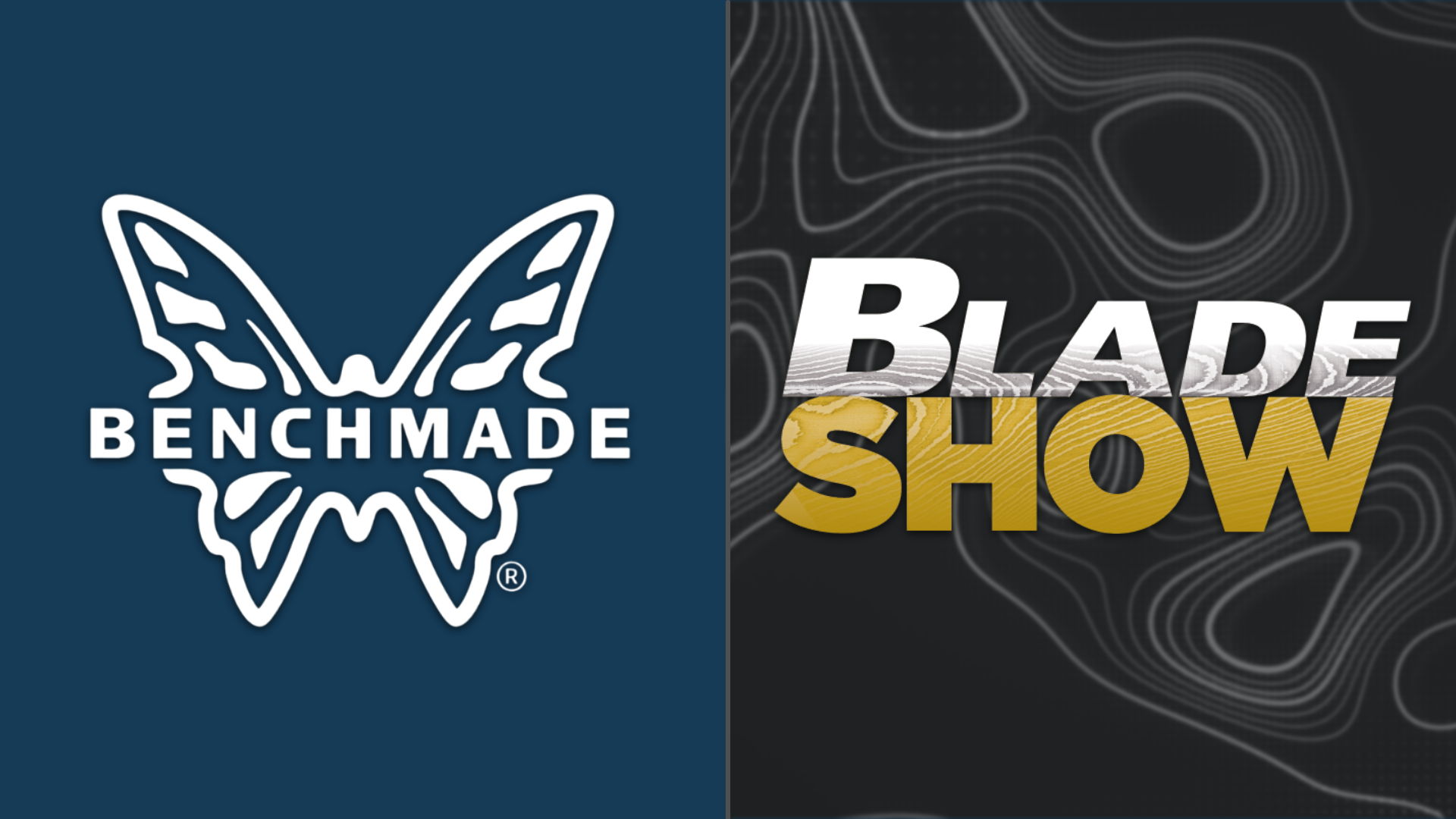 Benchmade logo next to Blade Show logo on contrasting backgrounds.