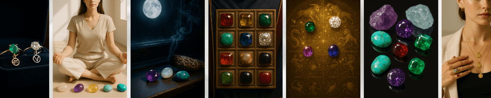 Collage of zodiac gemstones including emerald, ruby, sapphire, amethyst, and diamond displayed in jewelry and loose gem arrangements, symbolizing astrological birthstones.