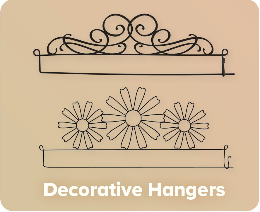 Decorative hangers with floral and ornate designs.