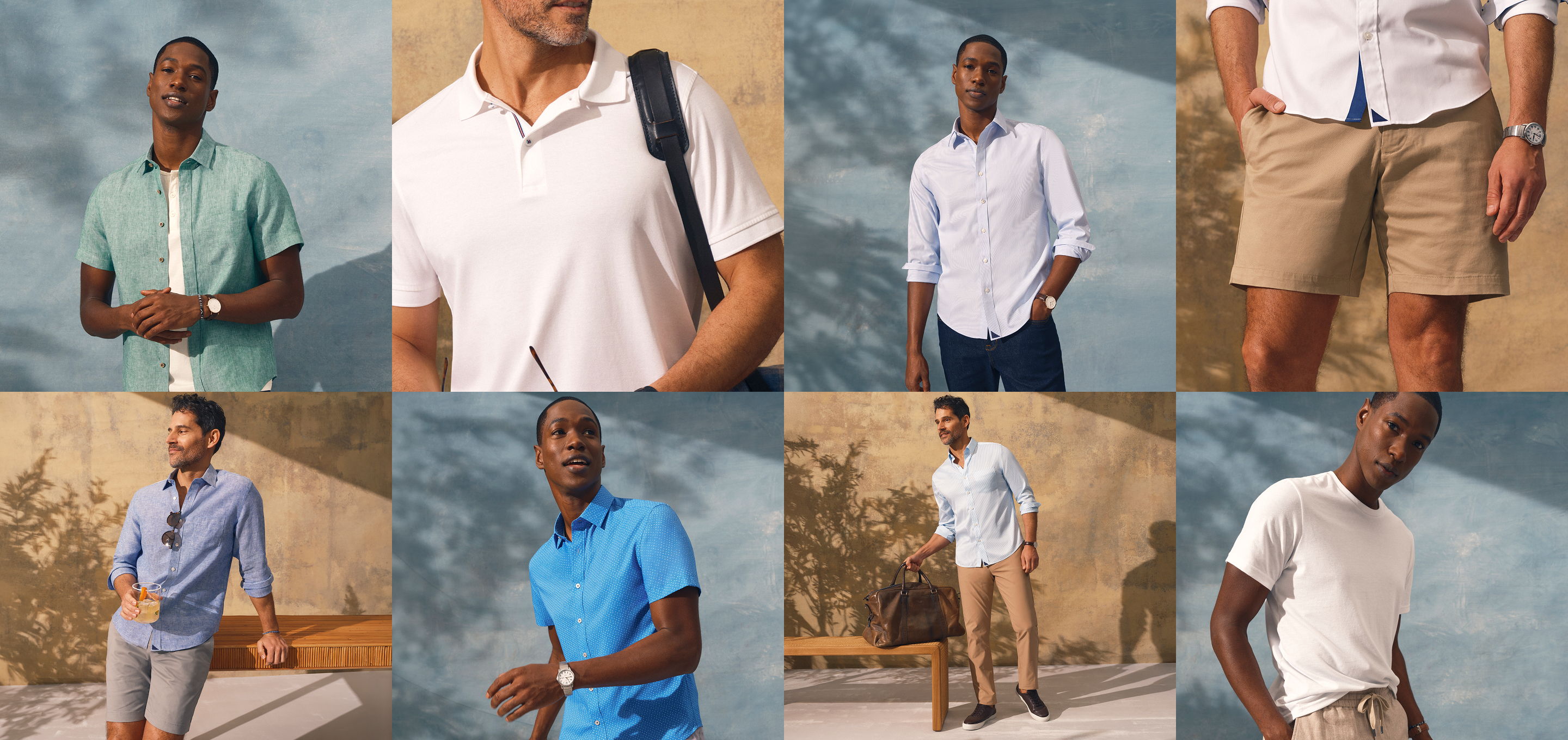 Collage of men wearing casual summer outfits in various settings.
