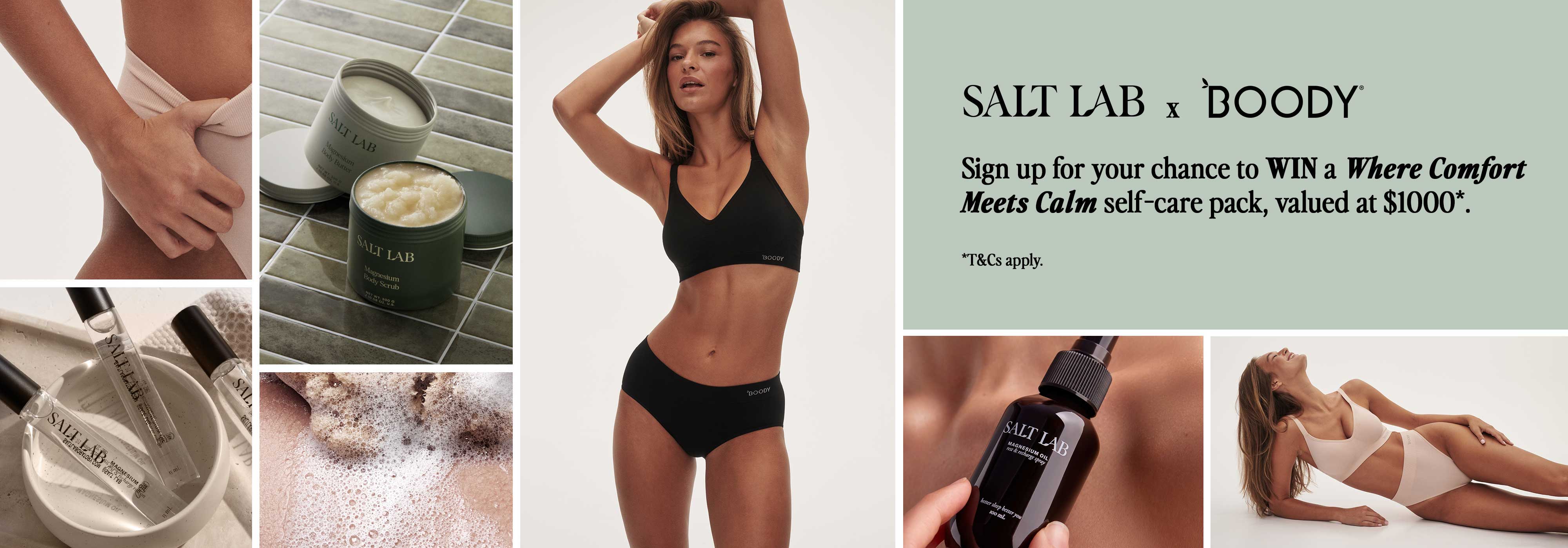 Image of a model showcasing body care products and promoting self-care.