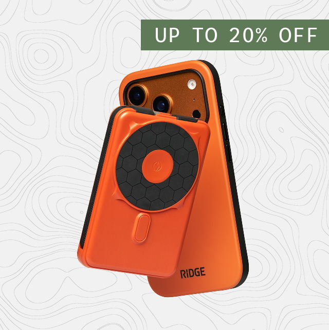 Orange phone with a magnetic accessory, featuring a discount banner.