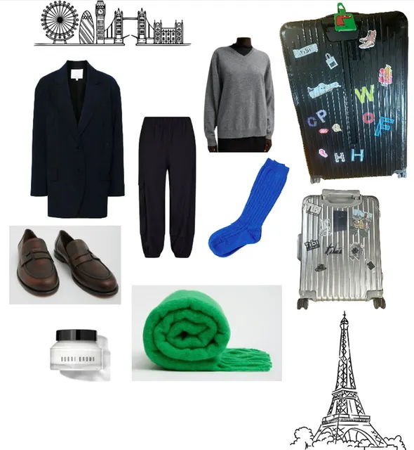 Collection of clothing items and travel accessories with city landmarks.