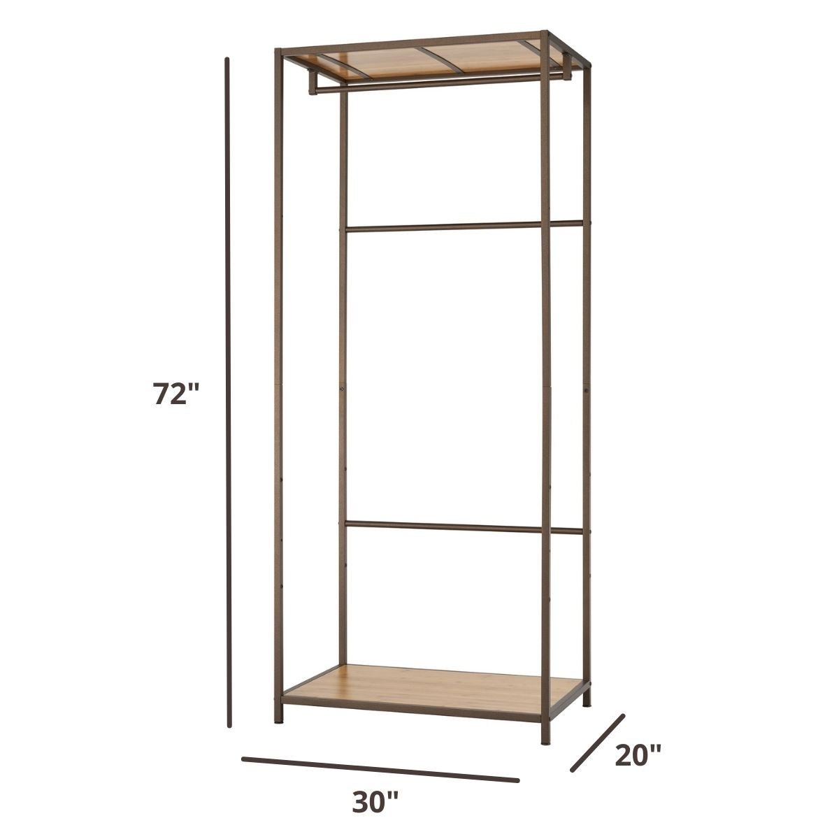 72 inches tall by 30 inches wide by 20 inches deep garment rack