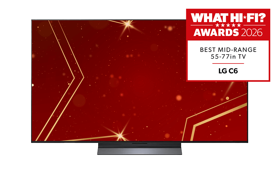 LG C6 TV with award badge on a red background.