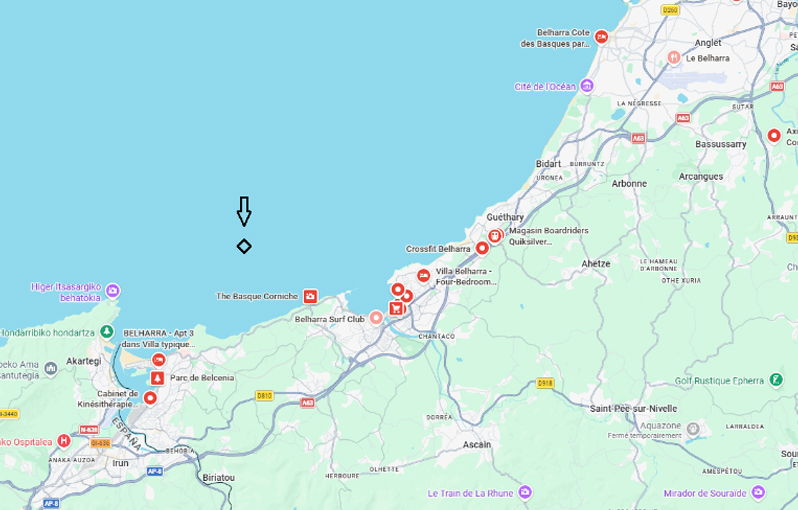 Carte indiquant les zones côtières et les points de repère situés Belharra, la vague monumentale du Pays Basque
