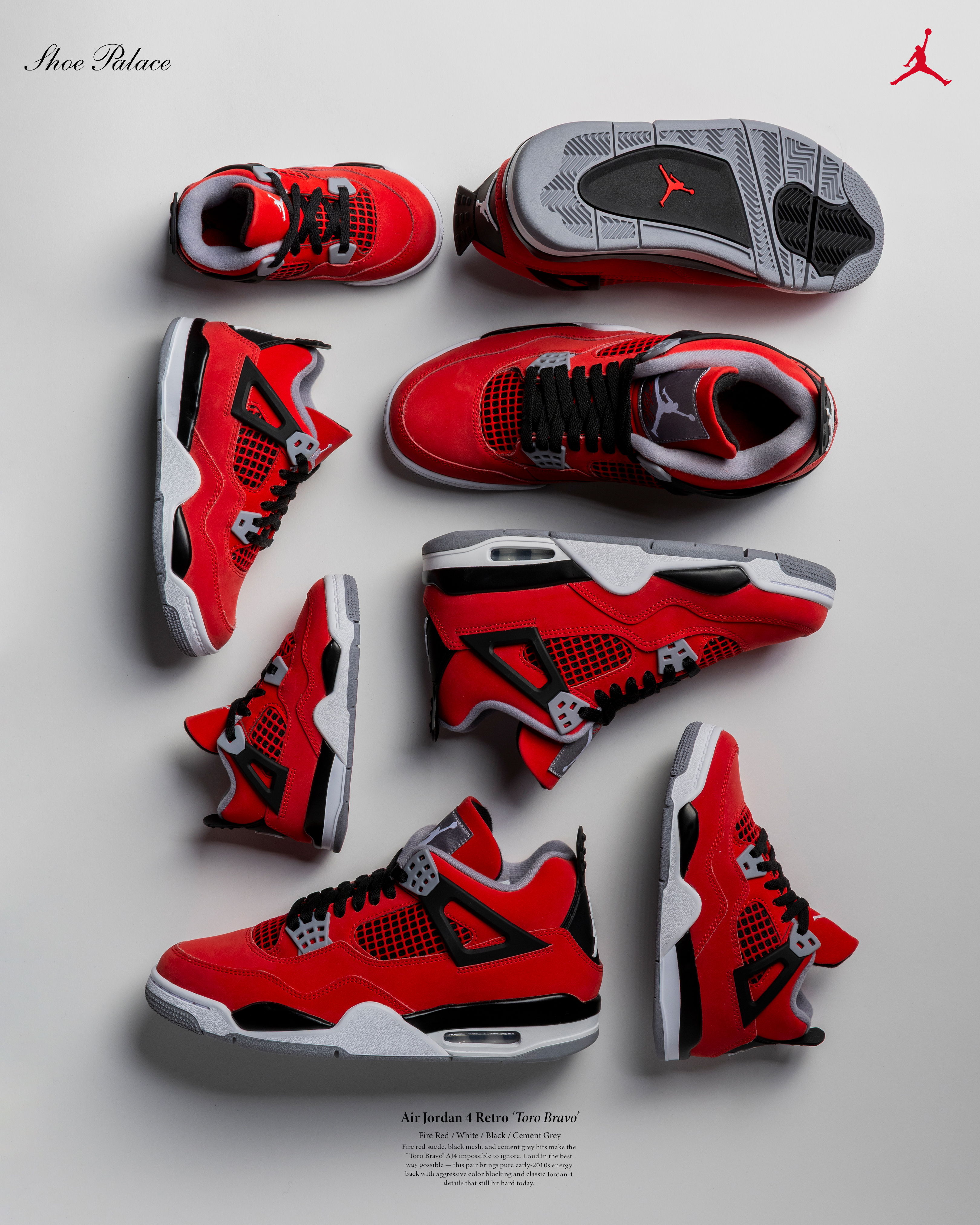 Red Air Jordan 4 sneakers arranged in various sizes and angles.