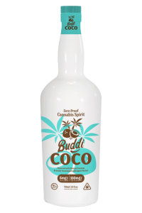 Bottle of Buddhi Coco cannabis-infused beverage with palm tree design.