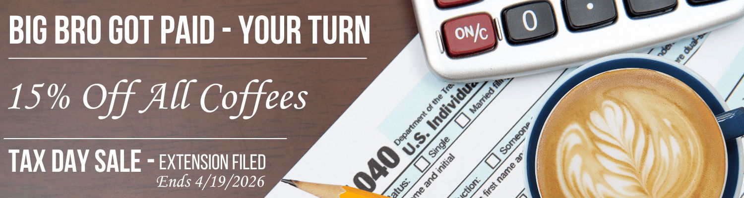 Promotional banner with coffee cup, tax form, and calculator for a tax day sale.
