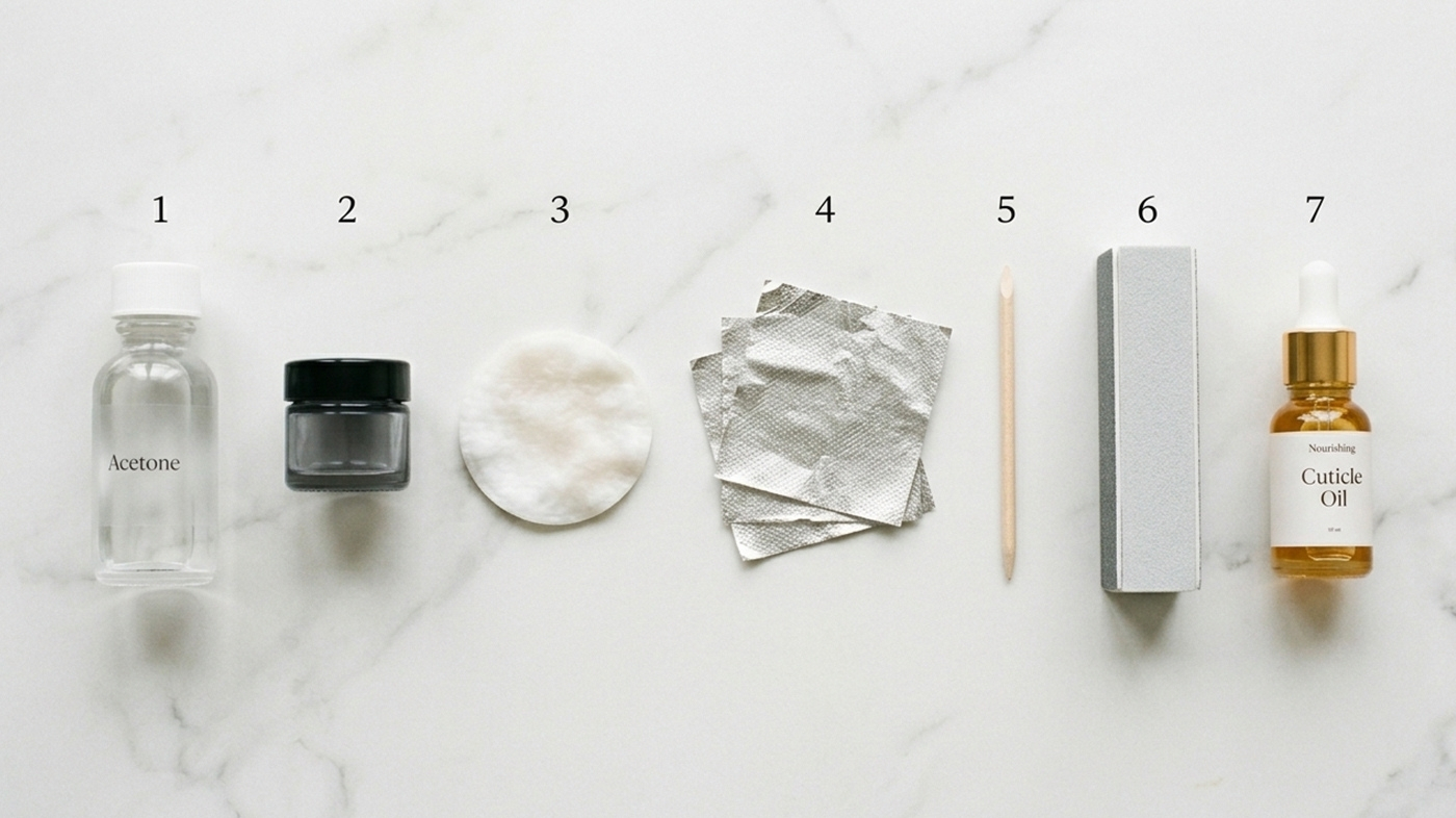 Step-by-step dip powder nail removal supplies laid out in order on white marble — file, petroleum jelly, acetone cotton, foil, cuticle pusher, buffer, cuticle oil